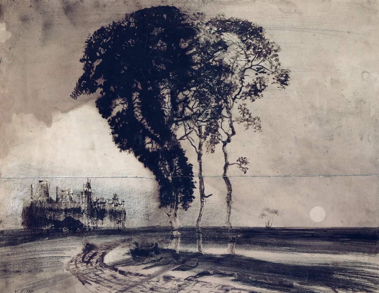 Landskap med tre trær, 1850 (kull, penn og india blekk og vask på papir) av Victor Hugo
