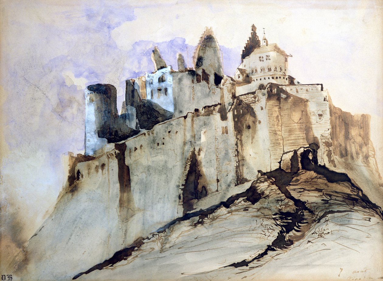Chateau of Vianden, 1871 (wc, penn og blekk og vask på papir) av Victor Hugo