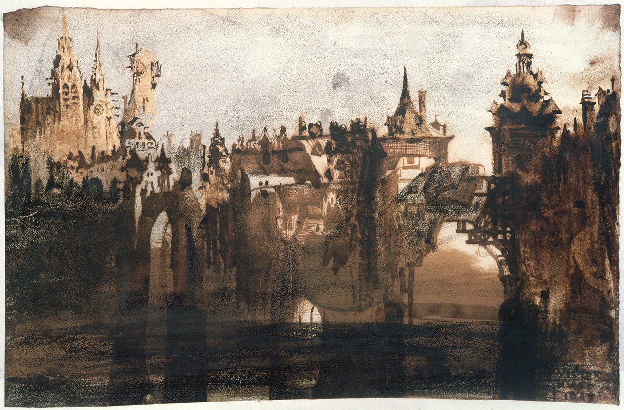 By med en ødelagt bro (grafitt, indisk blekk og sepia på papir) av Victor Hugo