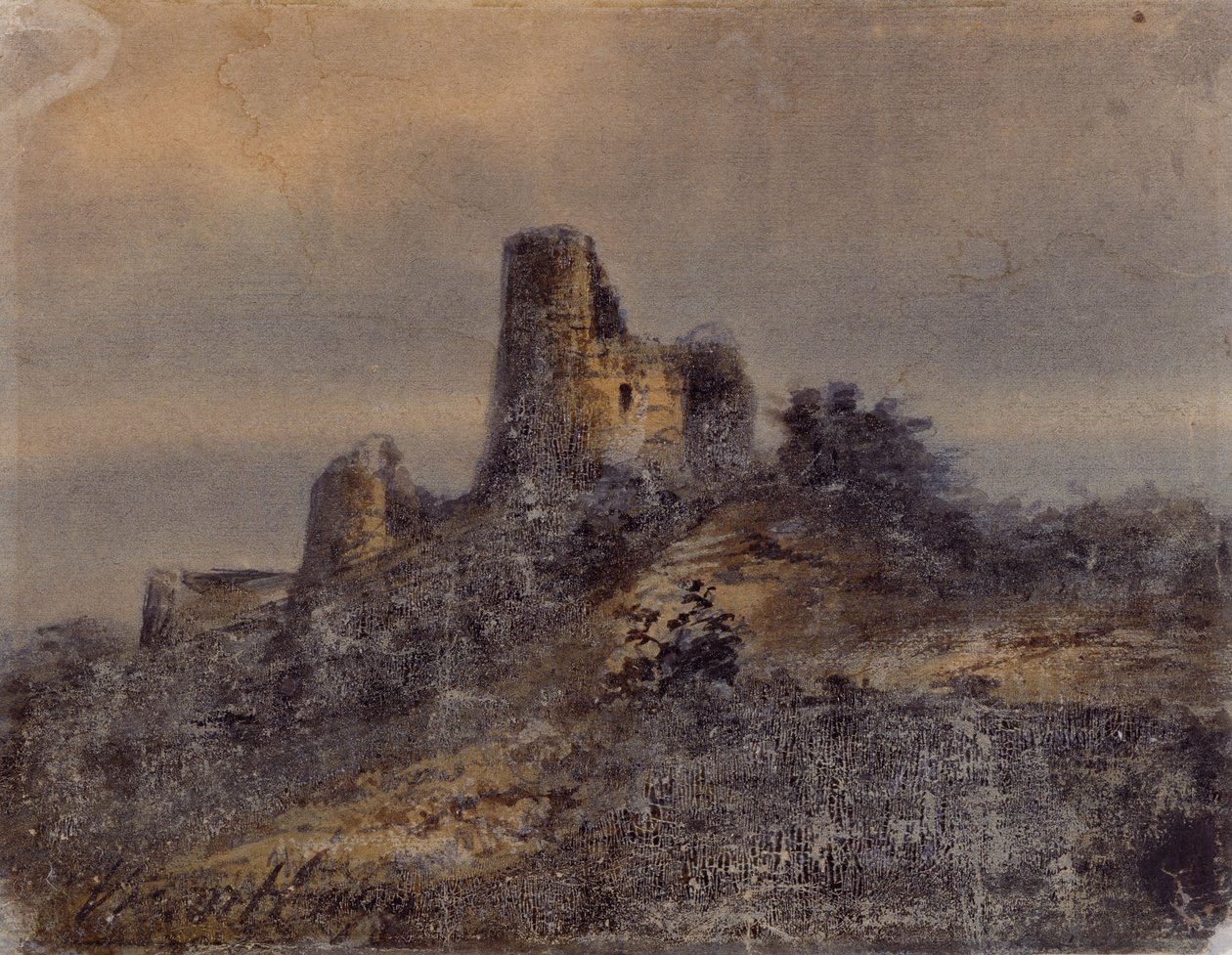 Utsikt over ruinene av slottet Arques la Bataille (Arques-la-Bataille) Tegning av Victor Hugo (1802-1885) 1800-tallet Dim 17,4x22 cm Marseille, Chateau Borely, Museum for dekorativ kunst, fajanse og mote av Victor Hugo