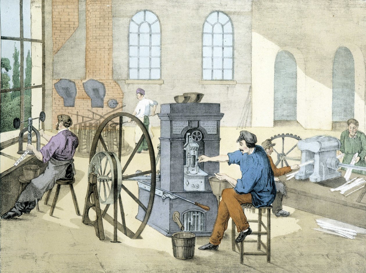 Myntbutikk (myntpreging) (myntfremstilling), litho de Janson. 1800-tallet. av Victor Janson