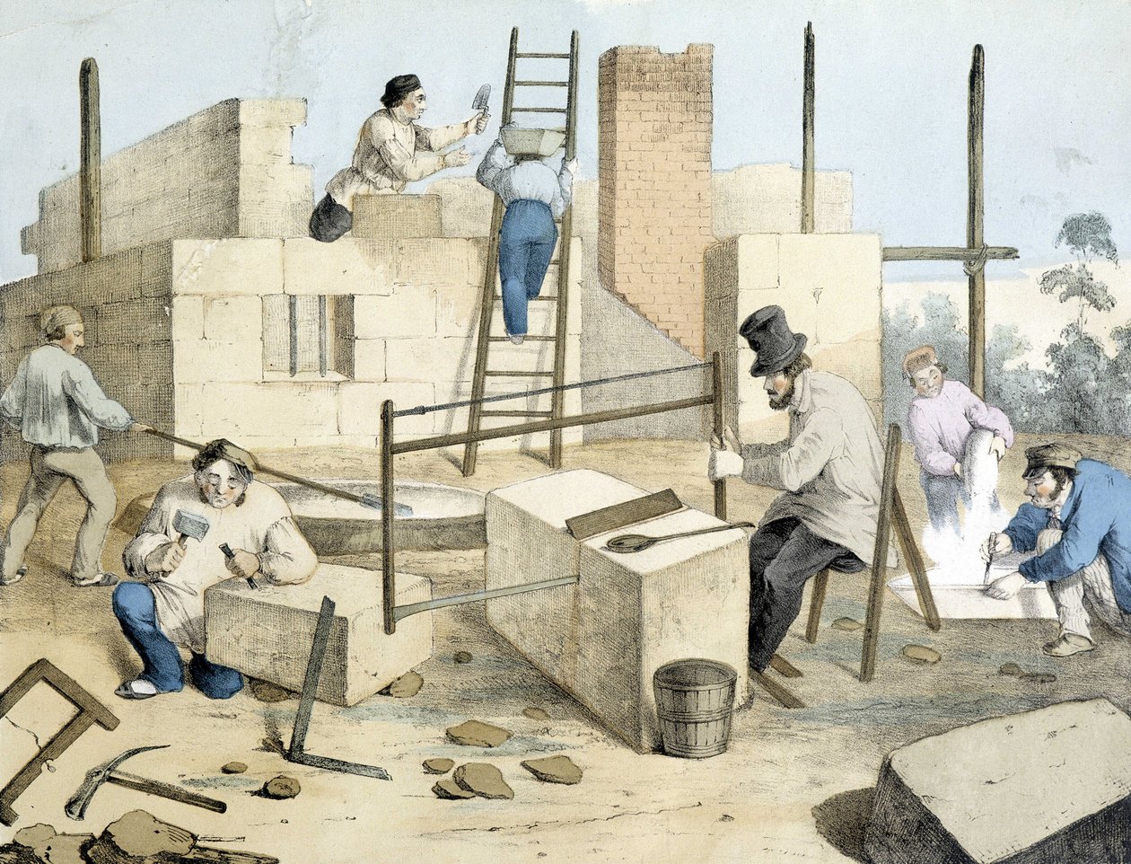 Maconen, skredderen og steinsageren. Janson litho. 1800-tallet. av Victor Janson