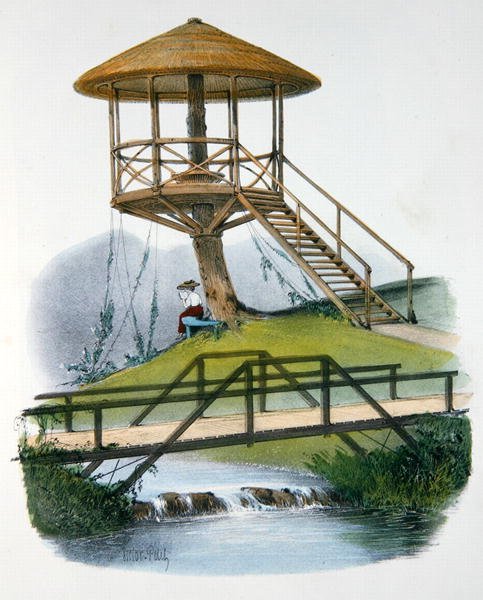 En hytte og rustikk bro ved Parc de la Motte, Bourgogne, illustrasjon fra 