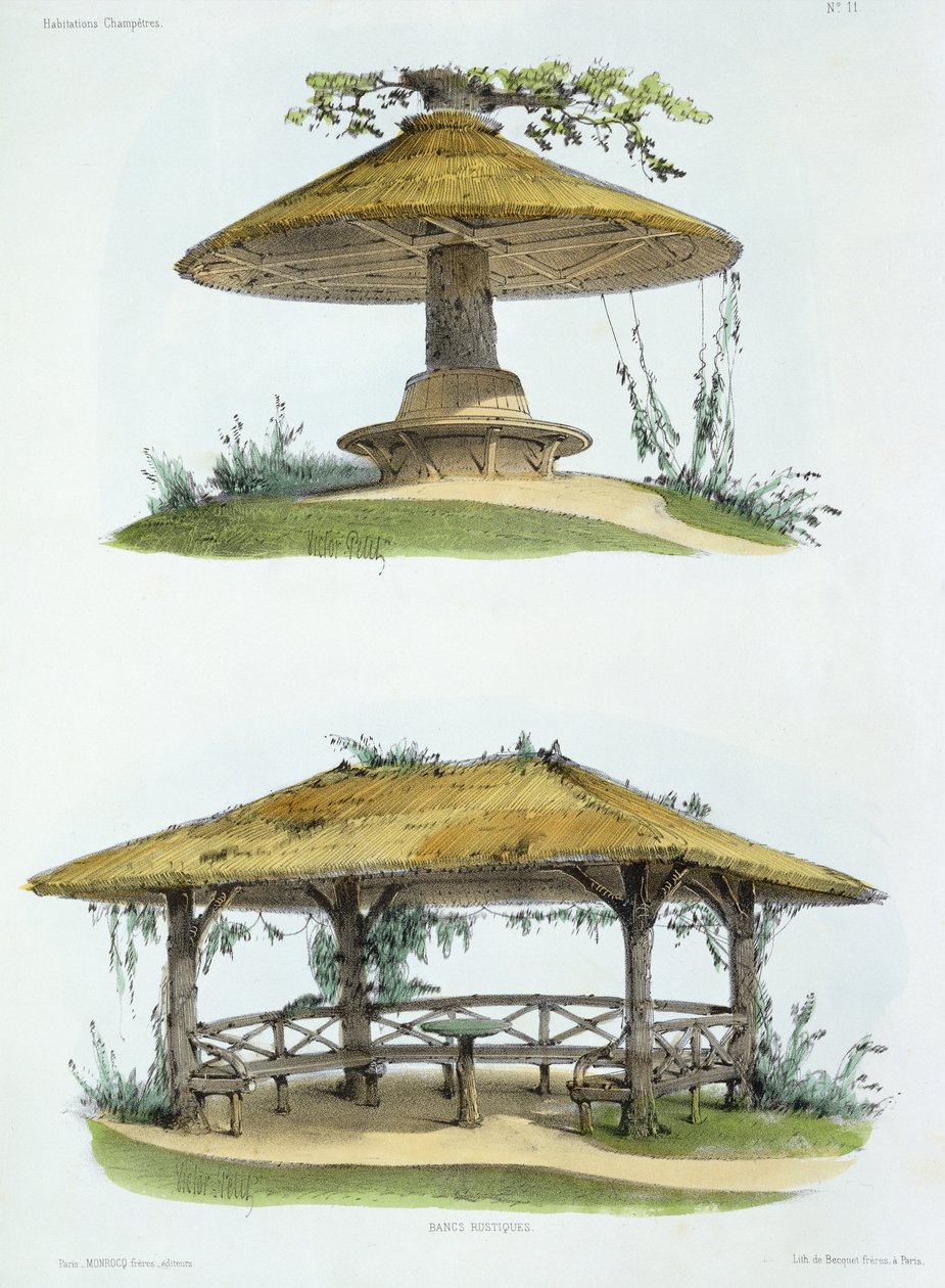 Rustikke benker, fra 'Habitations Champetres', utgitt ca. 1855 (kromolitografi) av Victor Jean Baptiste Petit