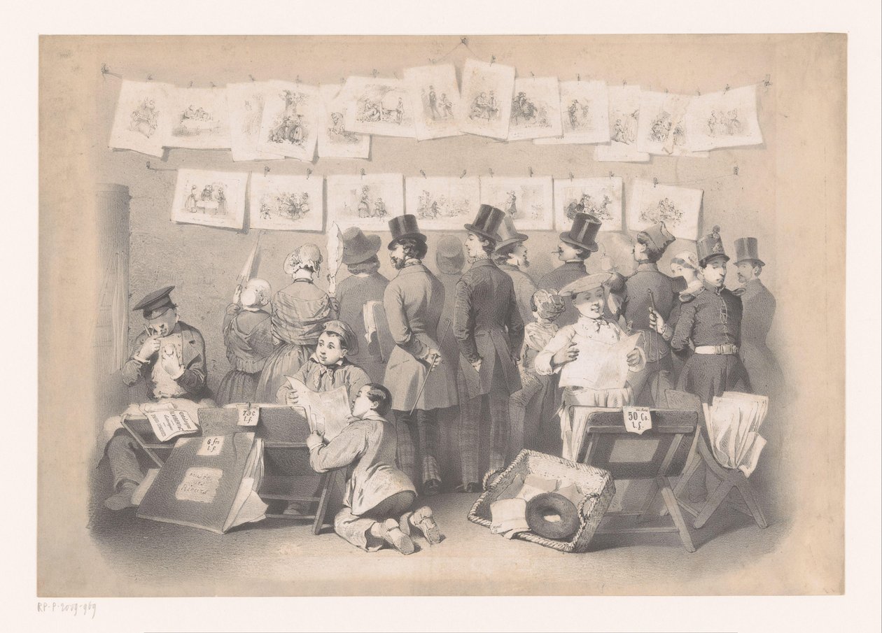 Titelprent met interieur van een prentenwinkel Laughing Museum (serietittel) L'Étalage (serietittel) av Victor Jean François Dollet