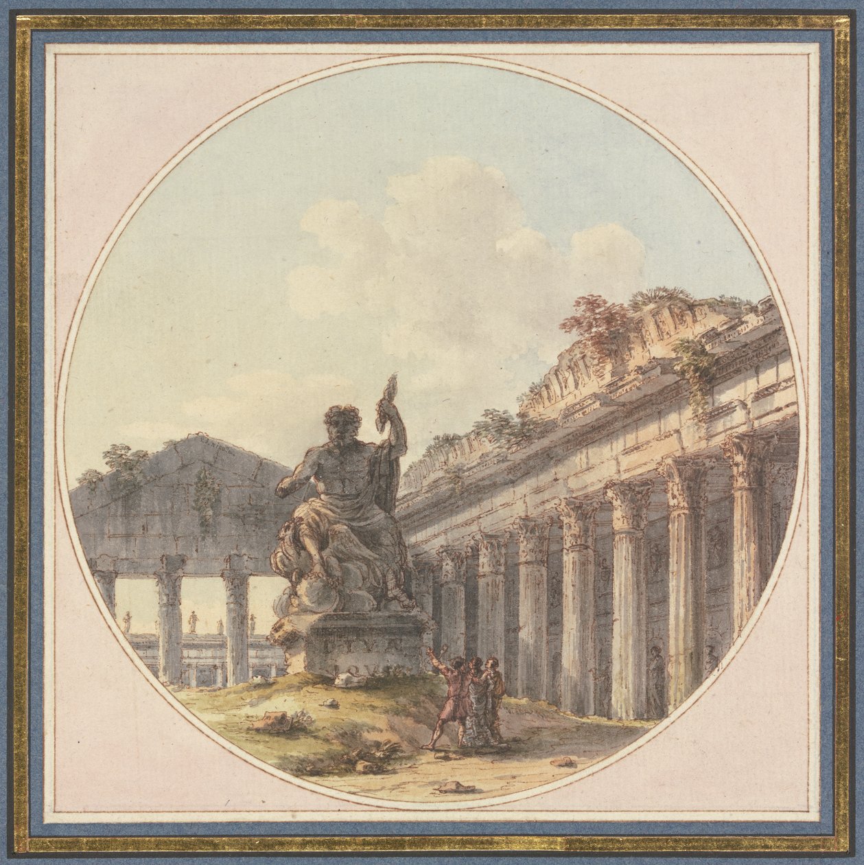 Arkitektonisk capriccio: Interiør av en tempelruin med en statue av Jupiter Tonans og staffasjefigurer av Victor Jean Nicolle