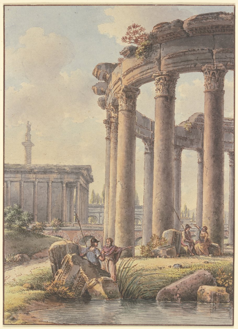 Arkitektonisk capriccio: ruiner av et rundt tempel med Trajans søyle i bakgrunnen av Victor Jean Nicolle