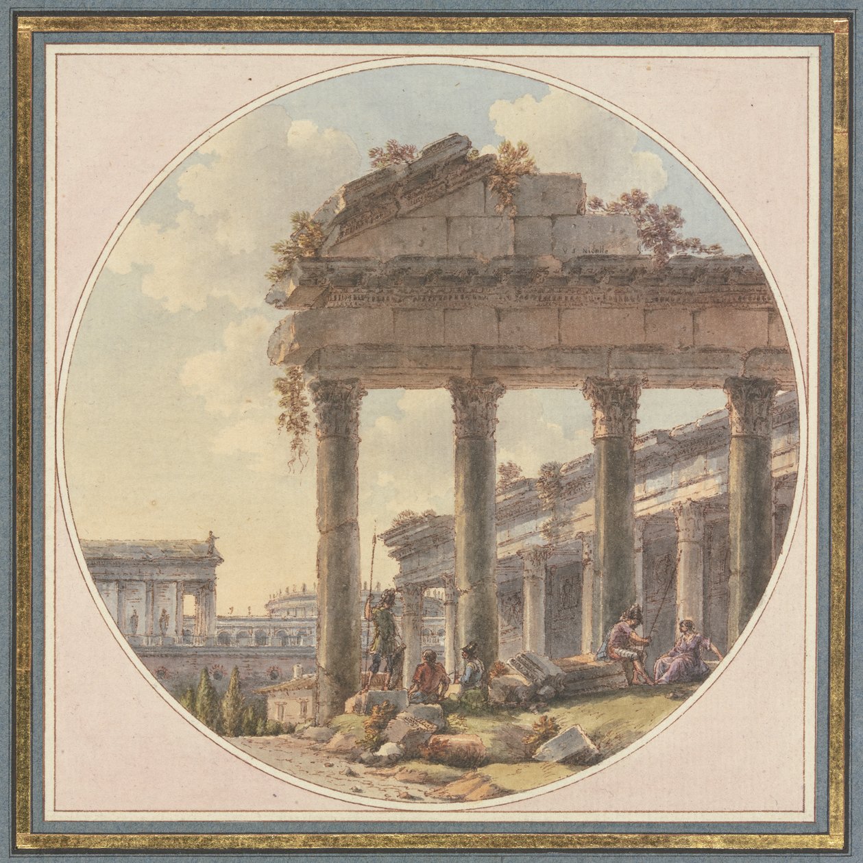Arkitektonisk capriccio: tempelruin og staffasjefigurer av Victor Jean Nicolle