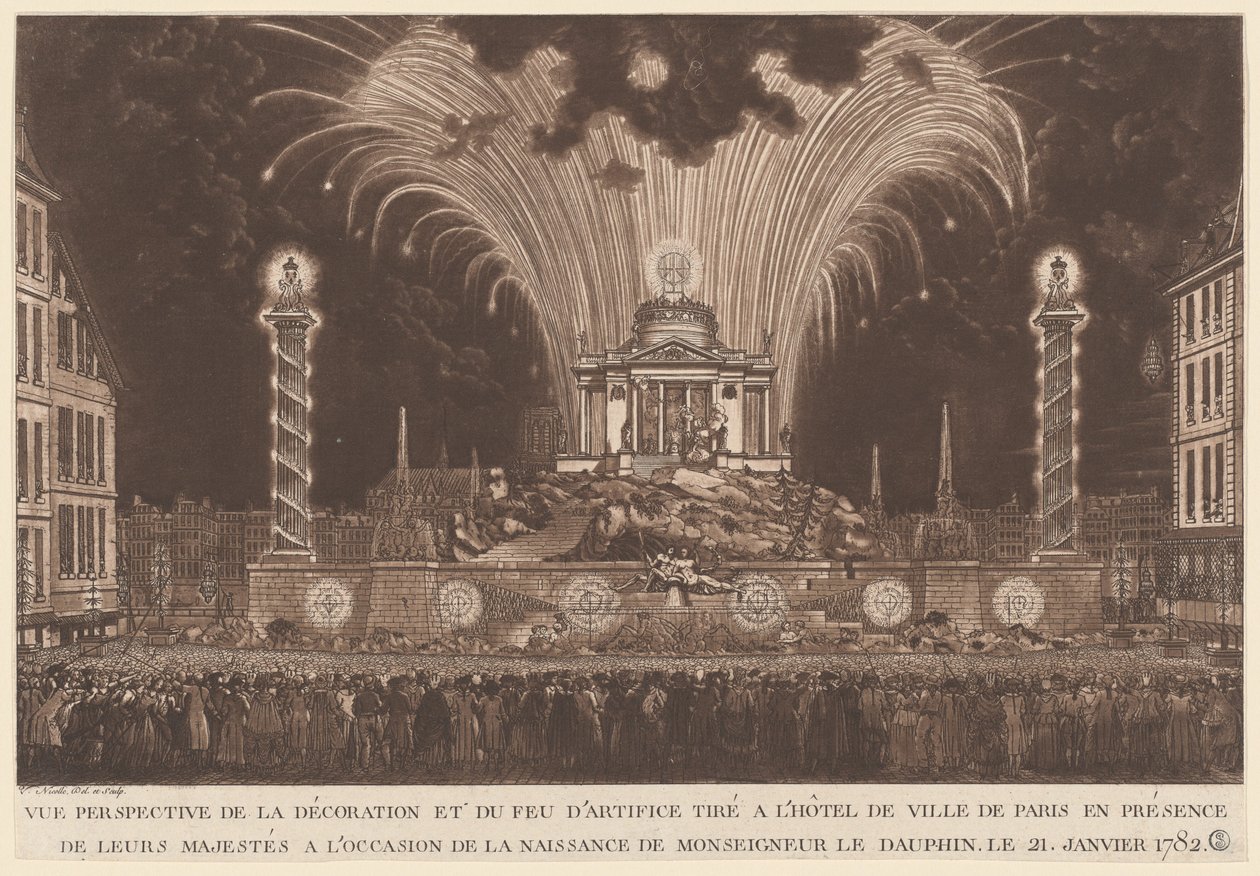 Dekorasjon og fyrverkeri ... fødselen til Monseigneur le Daufin (fyrverkeri som feirer Dauphinens fødsel) av Victor Jean Nicolle