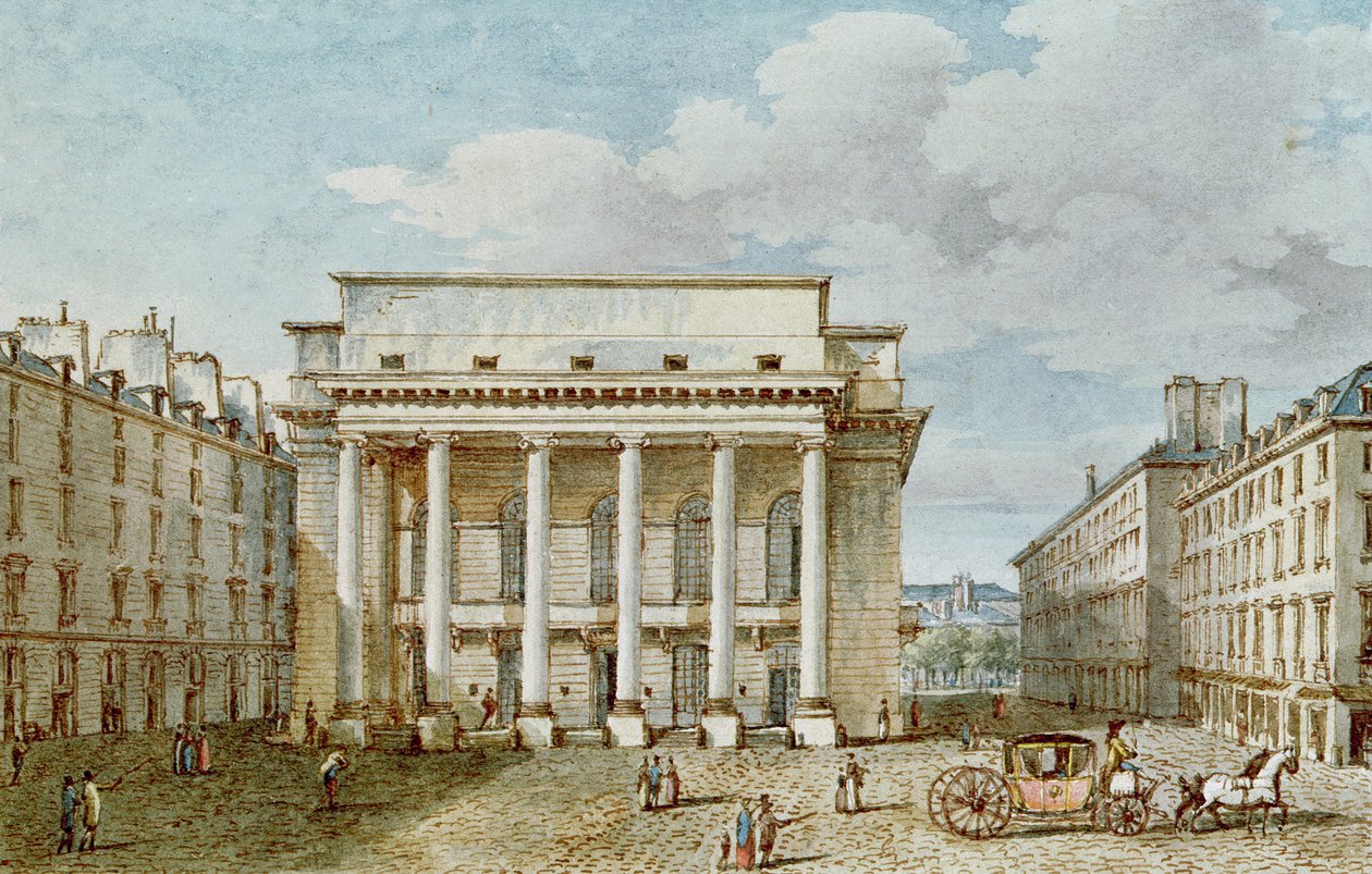 Utsikt over fasaden til Teater Italien (Salle Favart) (wc på papir) av Victor Jean Nicolle