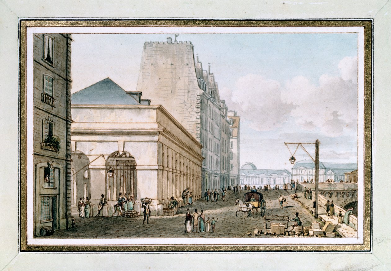 Utsikt over det nye fjærfemarkedet, som ligger på Quai des Augustins nær Pont-Neuf, Paris, ca. 1810 (akvarell) av Victor Jean Nicolle