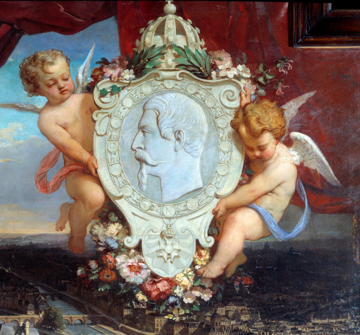 Detalj av: "" The Louvre of Napoleon III"" "" Utsikt over Palais du Louvre og portrettet av Napoleon III (1808-1873) i medaljong"" Maleri av Victor Joseph Chavet (1822-1906) 1857 Søn. 2,12 x 2,22 m Paris, Louvre-museet. av Victor Joseph Chavet