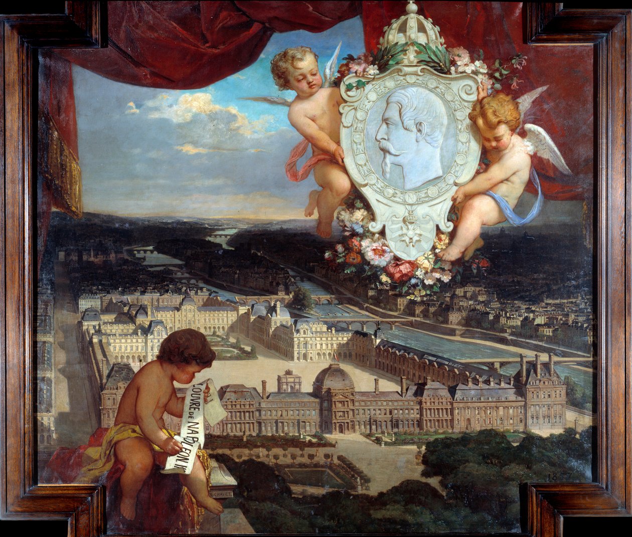 Louvre av Napoleon III "" Utsikt over Palais du Louvre og portrettet av Napoleon III (1808-1873) i medaljong"" Maleri av Victor Joseph Chavet (1822-1906) 1857 Søn. 2,12 x 2,22 m Paris, Musée du Louvre. av Victor Joseph Chavet