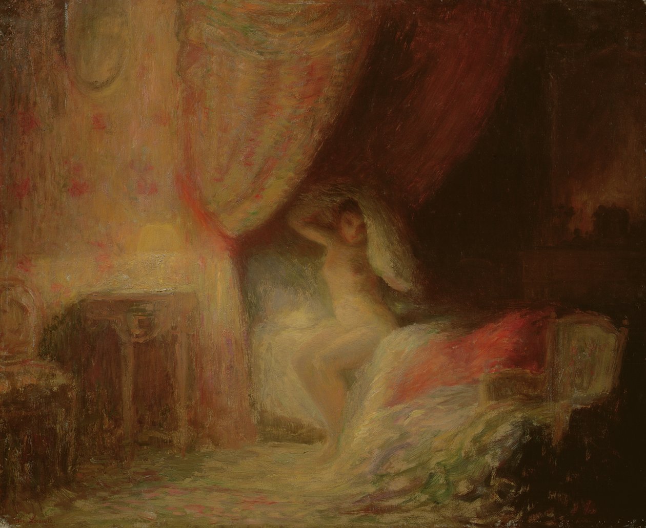 Soveromsscene badet i lys (olje på kort) av Victor Lecomte