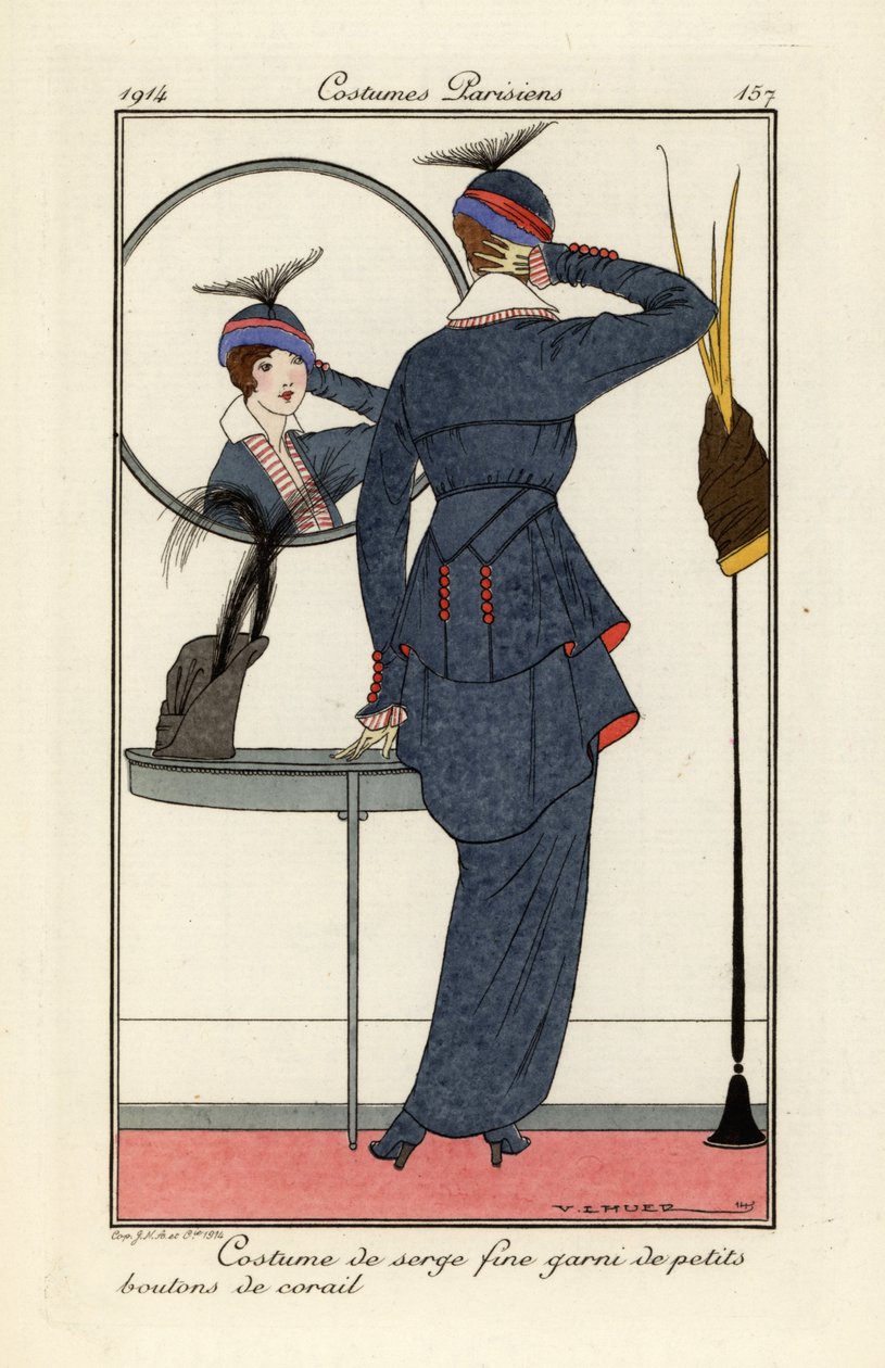 Kvinne i fin serge-dress med korallknapper. av Victor Lhuer