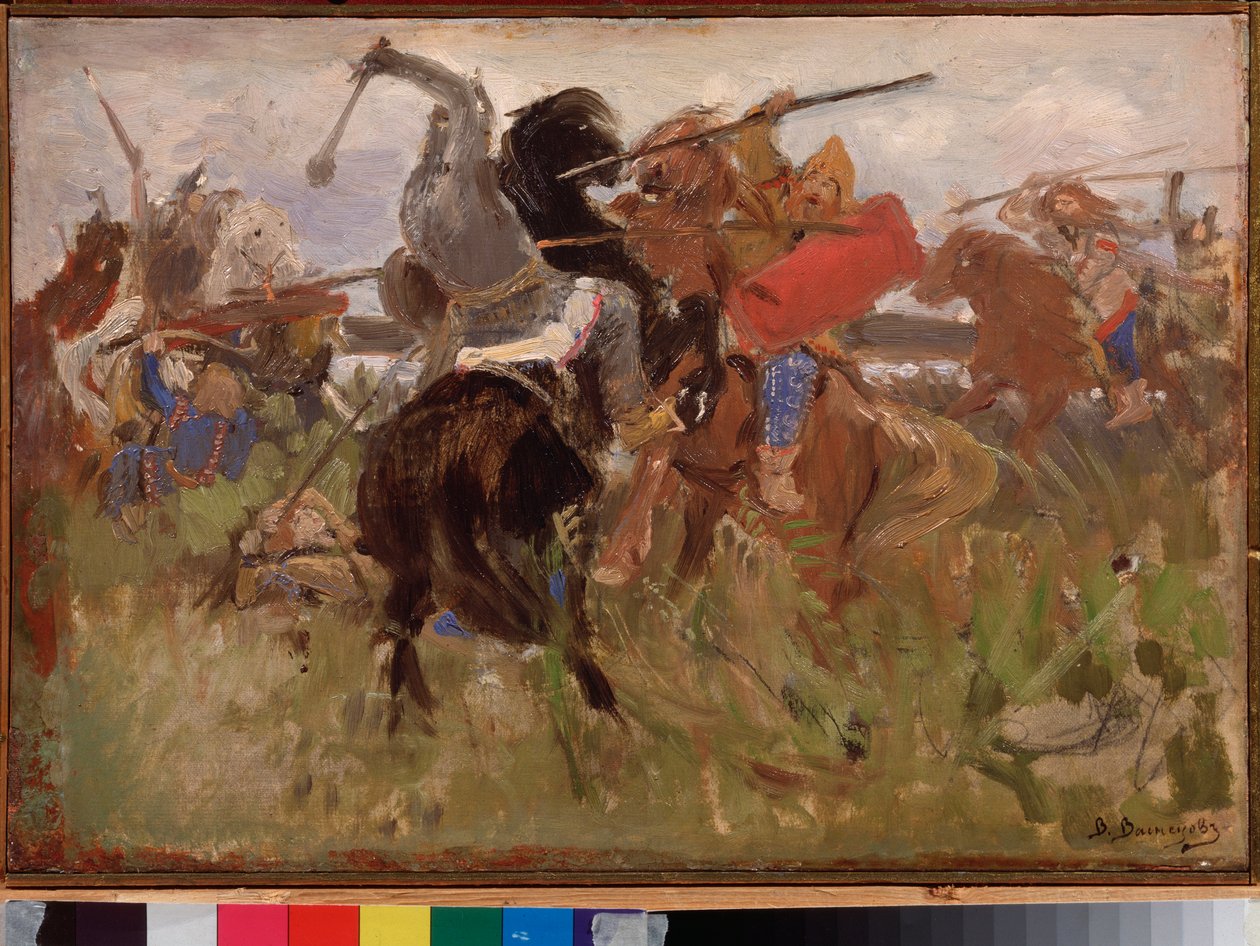 Kamp mellom skyterne og slaverne, sammenstøt mellom ryttere i rustning av Victor Mikhailovich Vasnetsov