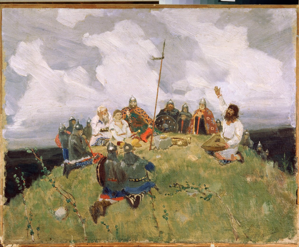Boyan jouant du gousli (gusli, housli, husli) på 1000-tallet (Boyan spiller gusli) - Verk av Viktor Mikhaylovich Vasnetsov (1848-1926), olje på papp av Victor Mikhailovich Vasnetsov