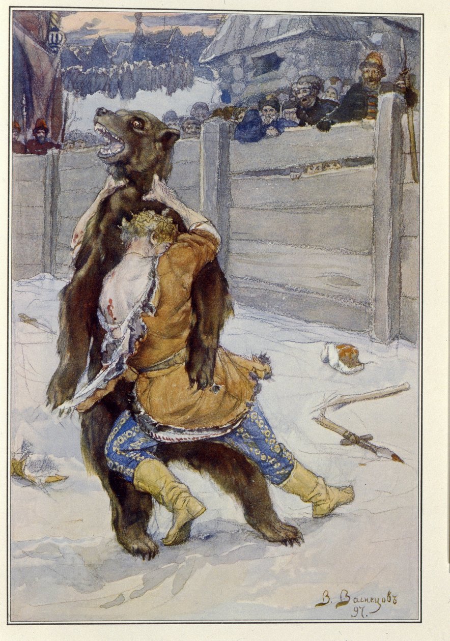 Bjørnekamp i tiden til tsar Feodor I Ivanovich av Russland (eller Theodore I Ionovich av Victor Mikhailovich Vasnetsov