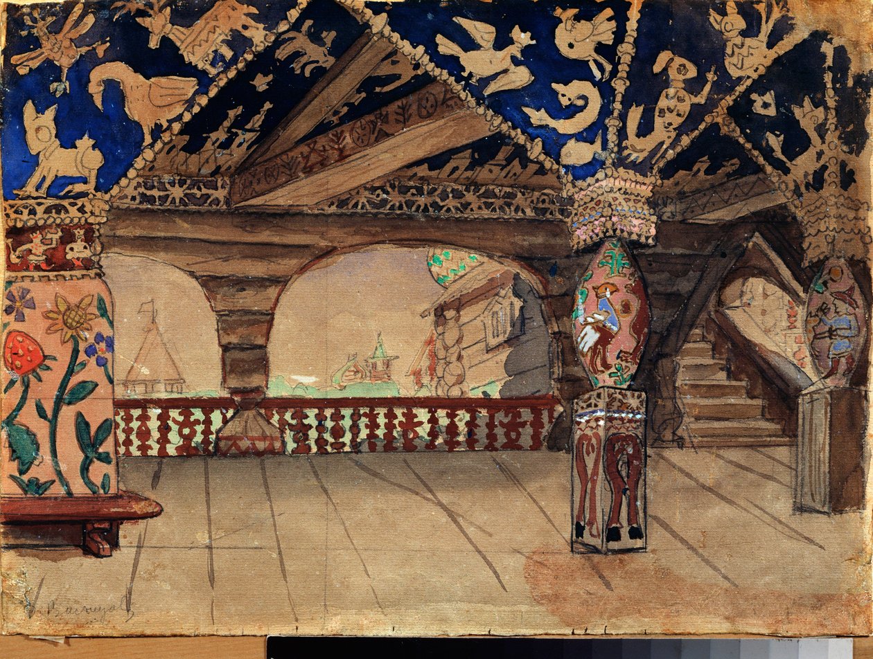 Forberedende dekor for teaterstykket ""La demoiselle des neiges"" av Alexandre Ostrovski (1823-1886) (Scenedesign for teaterstykket Snow Maiden av A Ostrovsky) Treterrassen - Verk av Viktor Mikhaylovich Vasnetsov (1848-1926) ) , olje på av Victor Mikhailovich Vasnetsov