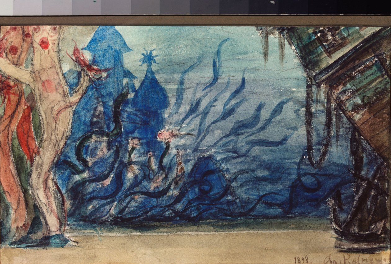 Forberedende sett for operaen ""Sadko"" av Nicholas (Nikolai) Rimsky Korsakov (Rimsky-Korsakov) (1844-1908) (Scenedesign for operaen Sadko av N Rimsky Korsakov) undervannslandskap - Verk av Viktor Mikhaylovich Vasnetsov (1848- 1926), blyant og akvarell av Victor Mikhailovich Vasnetsov