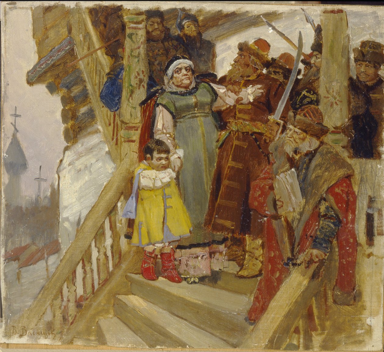 Arrestasjonen av Martha Boretskaya (eller Marfa Posanidsa eller Martha the Mayor) i Novgorod (Russland) i 1478 - Arrestasjonen av Marfa Boretskaya i Novgorod i 1478 - Maleri av Viktor Mikhaylovich Vasnetsov (1848-1926), olje på tre av Victor Mikhailovich Vasnetsov