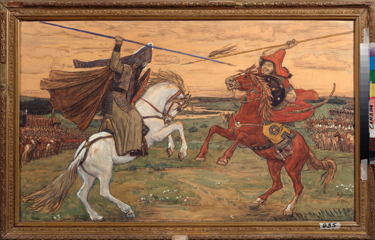 Duellen mellom Alexander Peresvet og tataren Chelibey (eller Chelubey, Temir Mourza (Temir-Mourza) på Kulikovo-sletten i 1380, under slaget mellom russerne og Golden Horde (Single Combat of Peresvet og Temir Murza (Temir-Murza) på Kulikovo av Victor Mikhailovich Vasnetsov