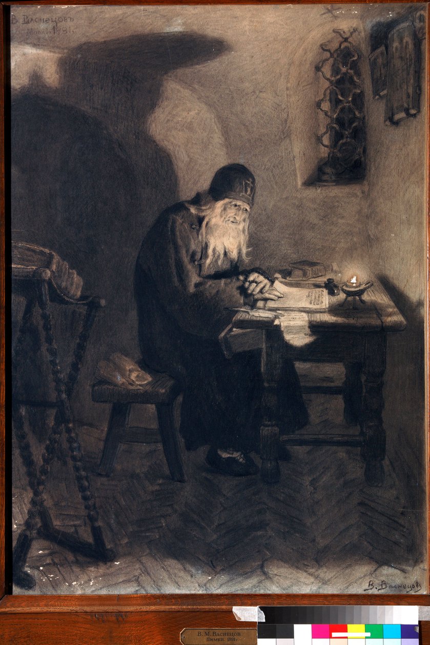""Pimene"" (Pimen) Illustrasjon for operaen ""Boris Godunov"" (Boris Godunov) av Alexander Pushkin Maleri av Viktor Vasnetsov (1848-1926) - 1891 - Kull, fargeblyant og hvit farge på papir - Statens museum Abramtsevo Eiendom, Moskva av Victor Mikhailovich Vasnetsov