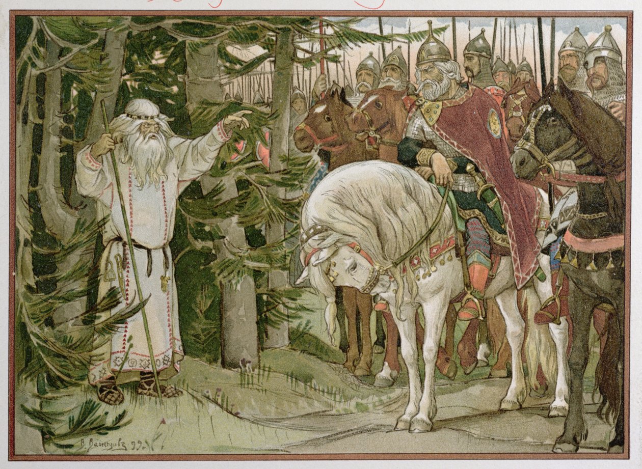 Prins Oleg (d.c.912) møter spåmannen som profeterer at hesten hans vil være årsaken til hans død, illustrasjon fra 
