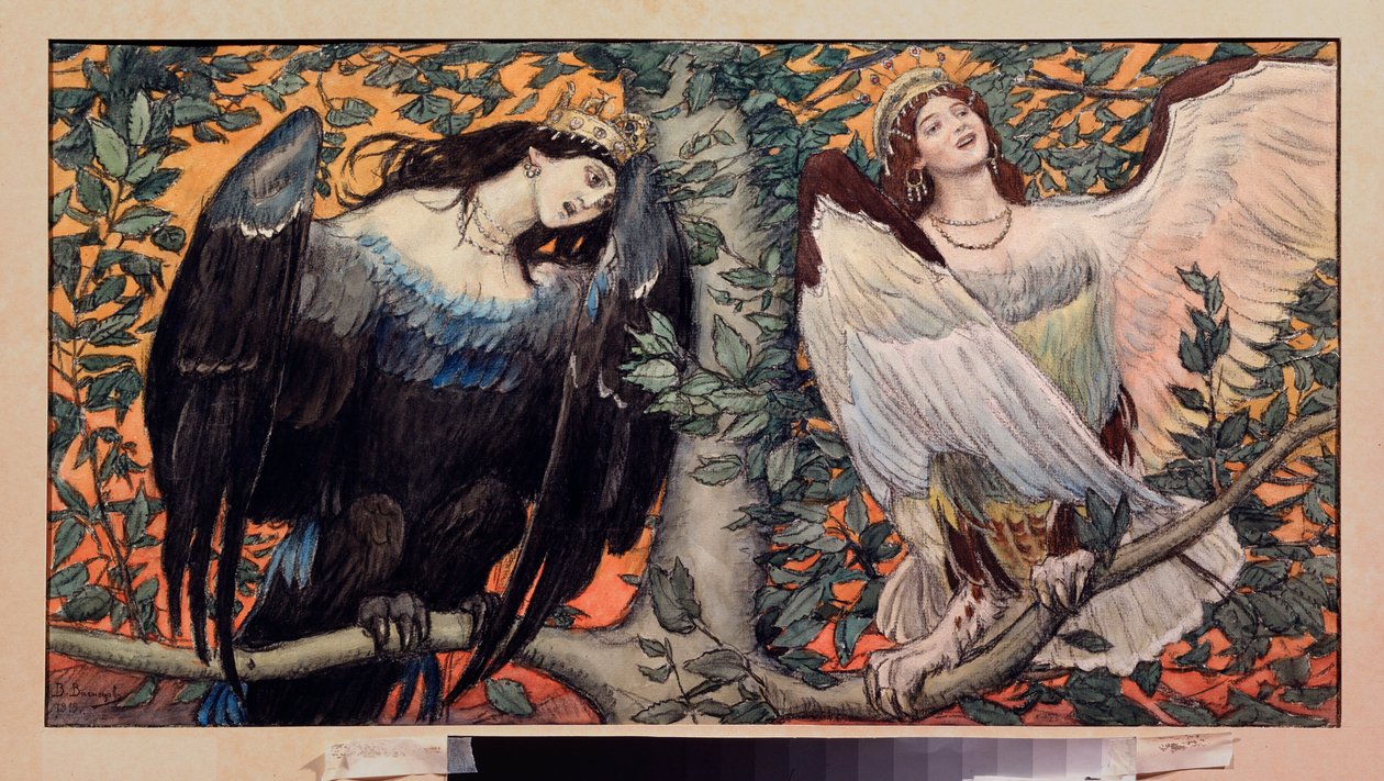 Sirin og Alkonost, A Song Of Joy And Sorrow (Sirin and Alkonost, A Song Of Joy And Sorrow) Profetiske fugler med kvinneansikt fra russisk folklore - Kunstverk av Viktor Mikhaylovich Vasnetsov (1848-1926), akvarell på papir av Victor Mikhailovich Vasnetsov