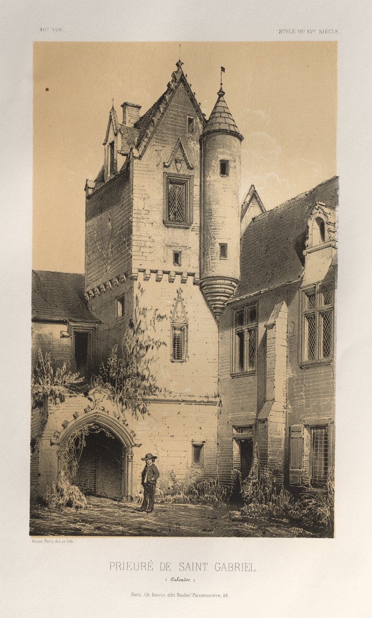 Pittoresk arkitektur eller monumenter fra det 15. århundre. Og XVI. Centuries: Slott i Frankrike fra det XV og XVI århundre: Pl. 46, Priory of Saint Gabriel (Calvados) av Victor Petit