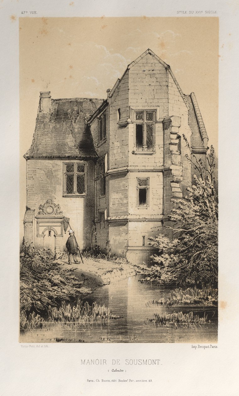 Pittoresk arkitektur eller monumenter fra det 15. århundre. Og XVI. Centuries: Chateaux of France of the XV and XVI Centuries: Pl. 47, Manoir De Sousmont (Calvados) av Victor Petit