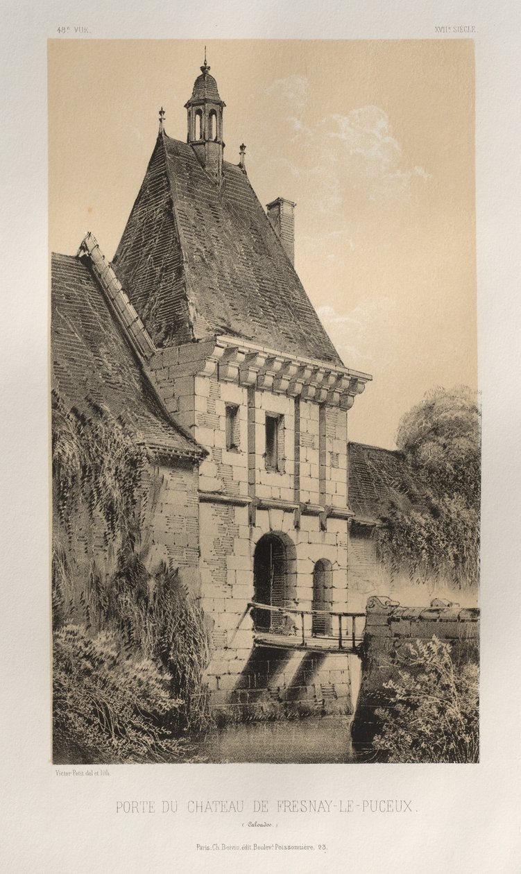 Pittoresk arkitektur eller monumenter fra det 15. århundre. Og XVI. Centuries: Slott i Frankrike fra det XV og XVI århundre: Pl. 48, Porten til slottet Fresnay-Le-Puceux (Calvados) av Victor Petit