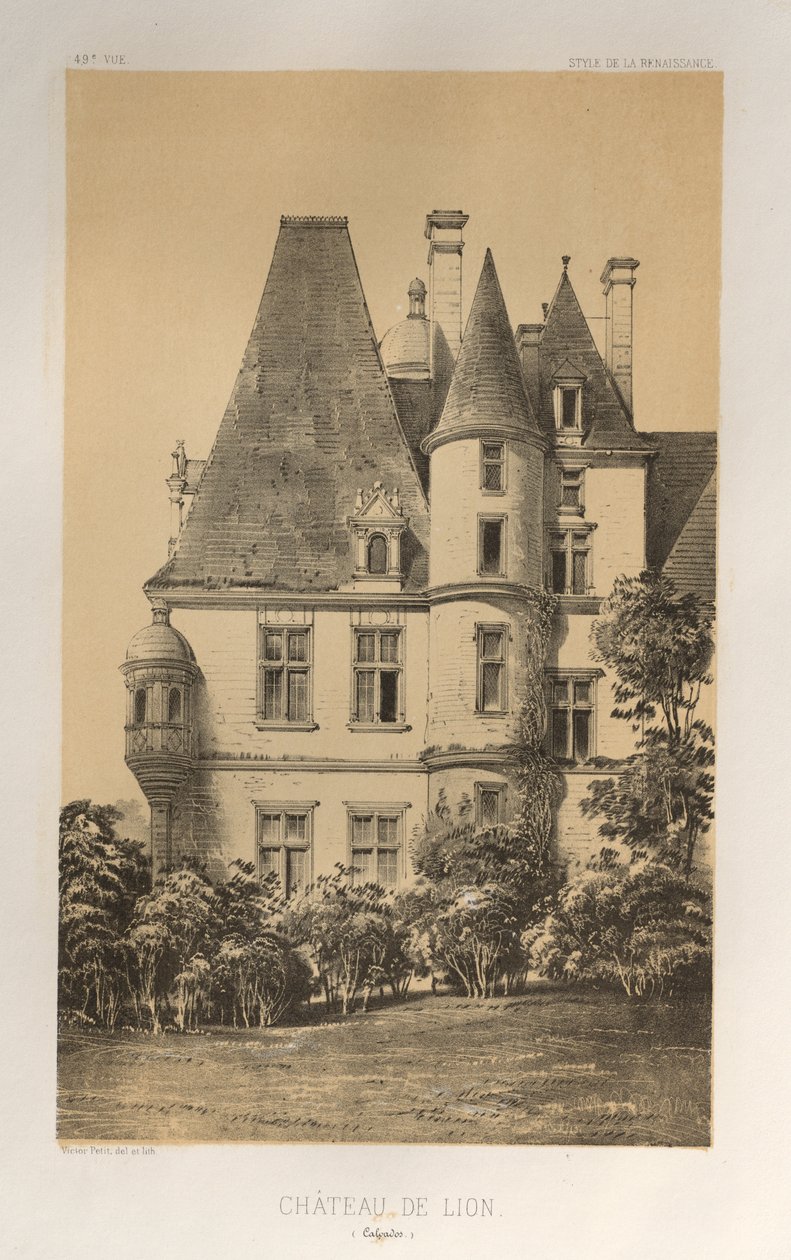 Pittoresk arkitektur eller monumenter fra det 15. århundre. Og XVI. Centuries: Chateaux of France of the XV and XVI Centuries: Pl. 49, Château De Lion (Calvados) av Victor Petit