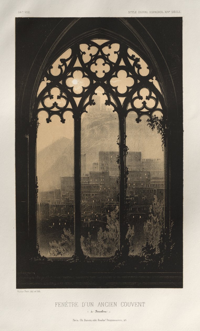 Pittoresk arkitektur eller monumenter fra det 15. århundre. Og XVI. Centuries: Chateaux of France of the XV and XVI Centuries: Pl. 54, Window of a former Convent (i Barcelona) av Victor Petit