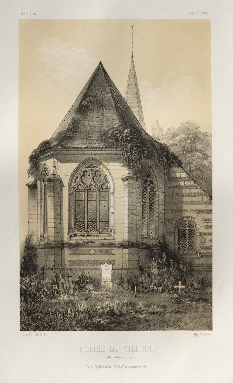 Pittoresk arkitektur eller monumenter fra det 15. århundre. Og XVI. Centuries: Chateaux of France fra XV og XVI Centuries: Pl. 56, Du Tilleul kirke (Nedre Seine) av Victor Petit