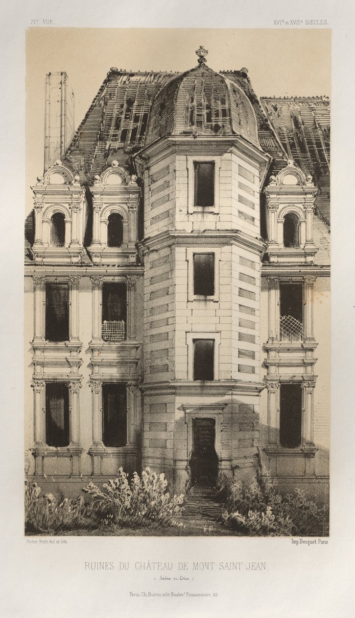 Pittoresk arkitektur eller monumenter fra det 15. århundre. Og XVI. Centuries: Slott i Frankrike fra det XV og XVI århundre: Pl. 71, ruinene av slottet Mont-Saint-Jean (Saône et Loire) av Victor Petit