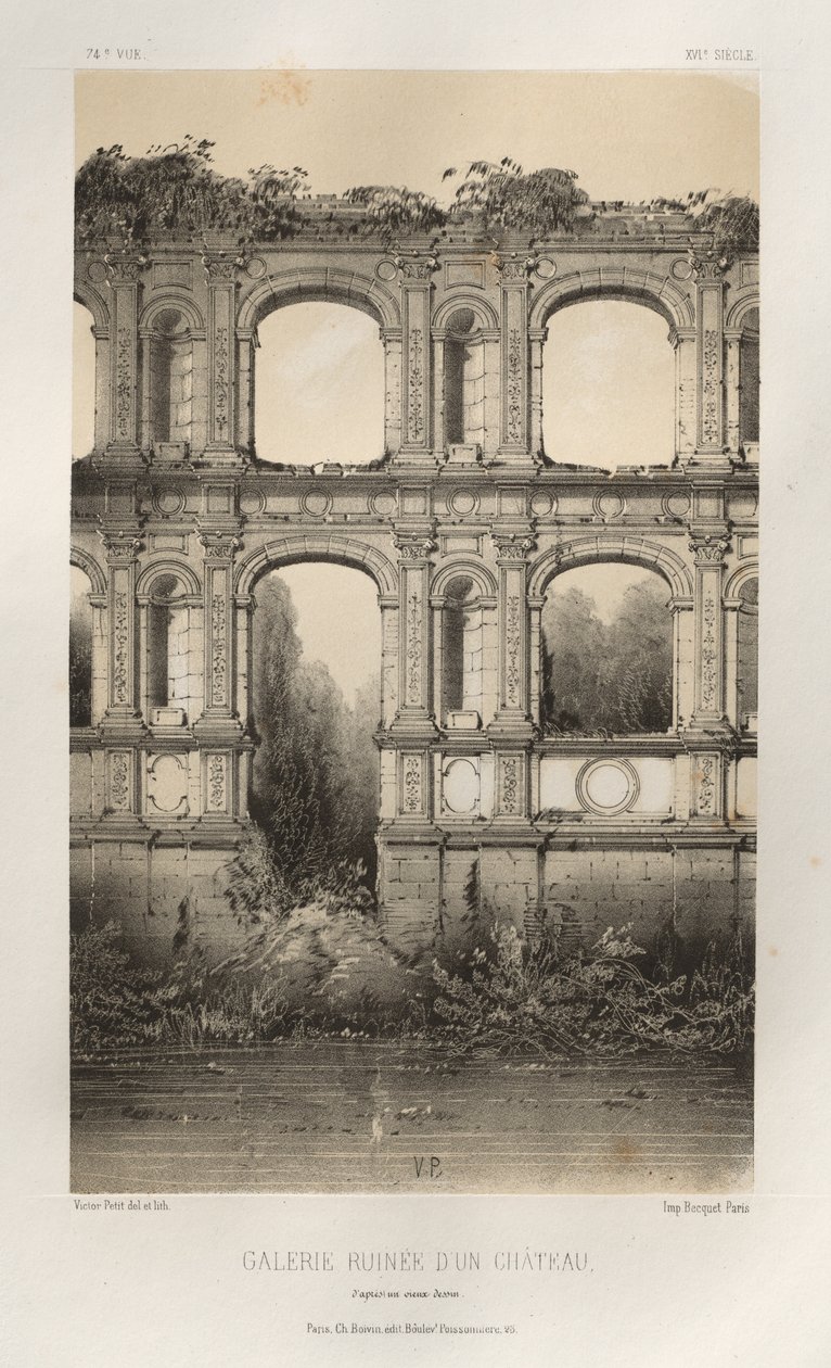 Pittoresk arkitektur eller monumenter fra det 15. århundre. Og XVI. Centuries: Castles of France of the XV and XVI Centuries: Pl. 74, Ruined Gallery Of A Castle, etter en gammel tegning av Victor Petit