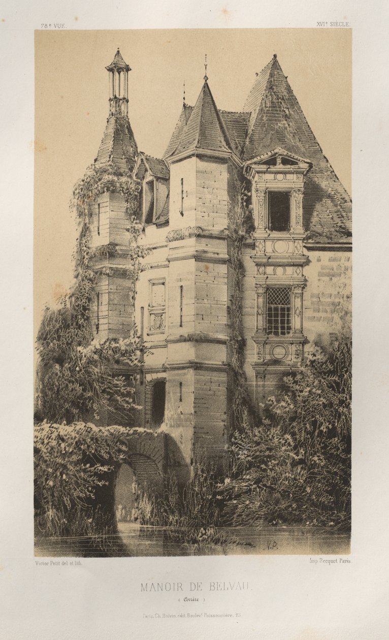 Pittoresk arkitektur eller monumenter fra det 15. århundre. Og XVI. Centuries: Chateaux of France of the XV and XVI Centuries: Pl. 78, Manoir de Belvau (Corrèze) av Victor Petit