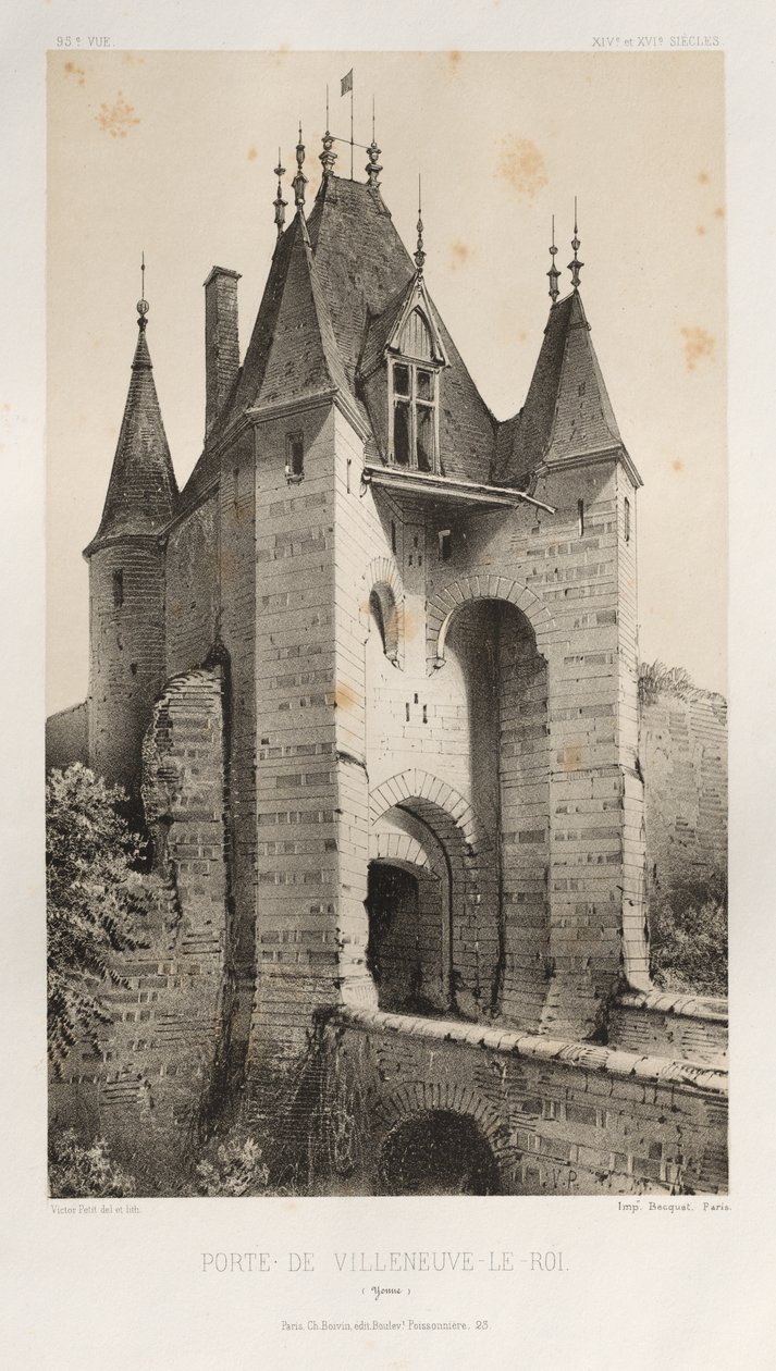 Pittoresk arkitektur eller monumenter fra det 15. århundre. Og XVI. Centuries: Slott i Frankrike fra det XV og XVI århundre: Pl. 95, Porte de Villeneuve-Le-Roi (Yonne) av Victor Petit