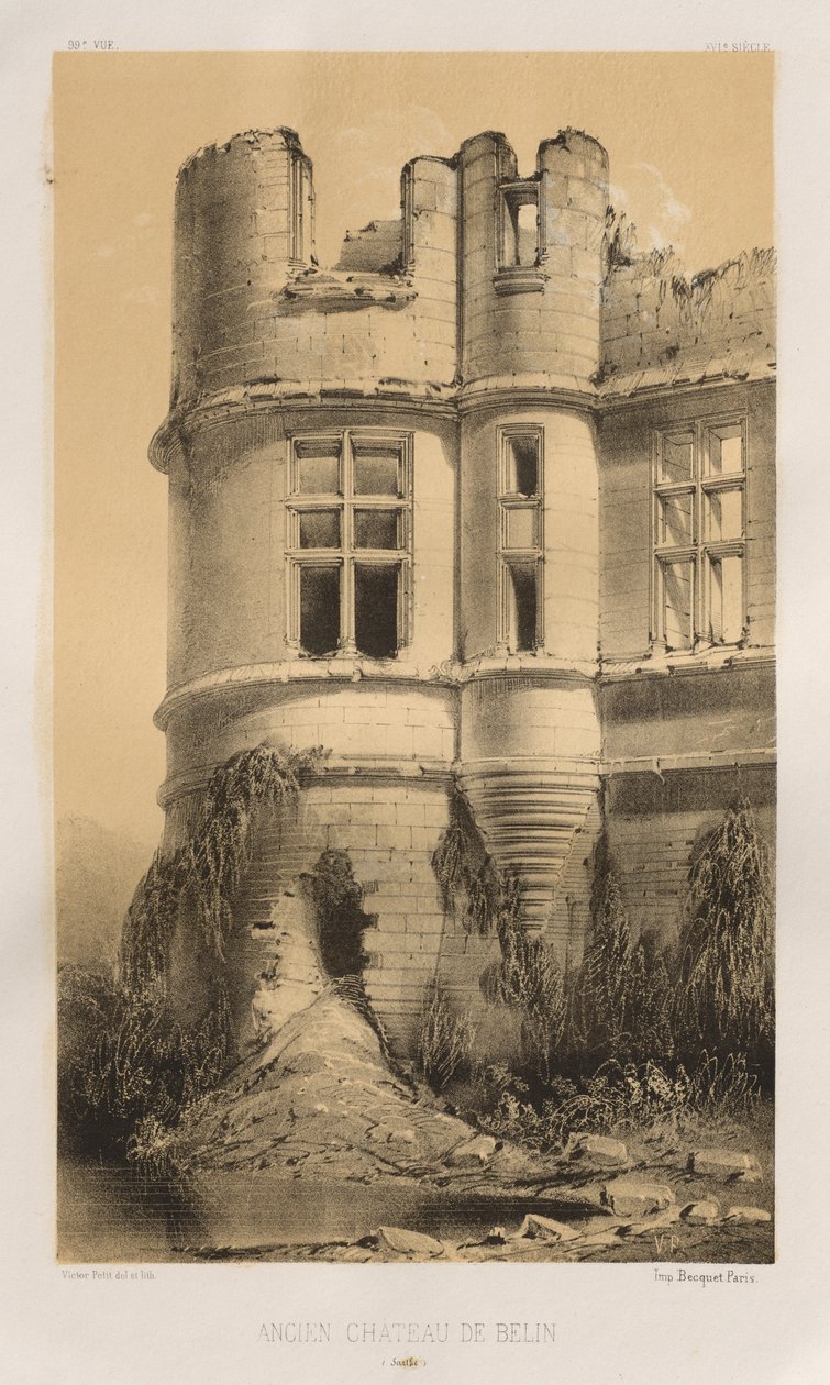 Pittoresk arkitektur eller monumenter fra det 15. århundre. Og XVI. Centuries: Castles of France of the XV and XVI Centuries: Pl. 99, Old Castle of Belin (Sarthe) av Victor Petit
