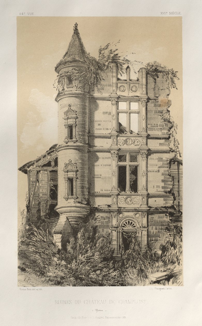 Pittoresk arkitektur eller monumenter fra det 15. århundre. Og XVI. Centuries: Chateaux of France of the XV and XVI Centuries: Pl. 24, ruinene av Chateau De Champlost (Yonne) av Victor Petit