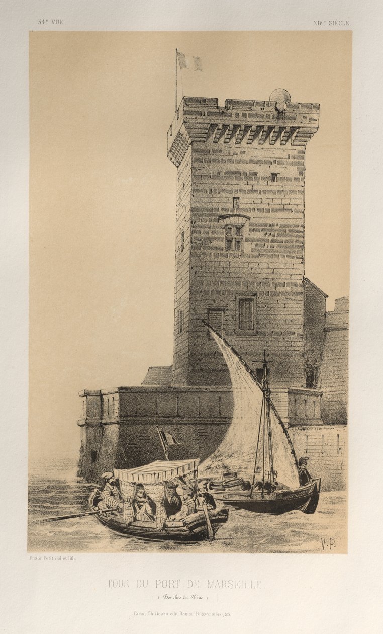 Pittoresk arkitektur eller monumenter fra det 15. århundre. Og XVI. Centuries: Frankrikes slott i XV og XVI århundrer: Pl. 34, tårnet i havnen i Marseille (Bouches Du Rhône) av Victor Petit