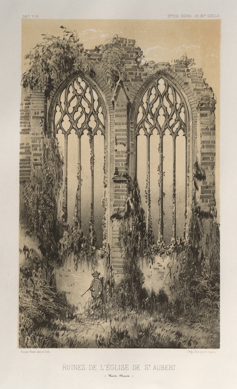 Pittoresk arkitektur eller monumenter fra det 15. århundre. Og XVI. Centuries: Chateaux of France of the XV and XVI Centuries: Pl. 38, ruinene av St. Aubert-kirken (Haute-Marne) av Victor Petit