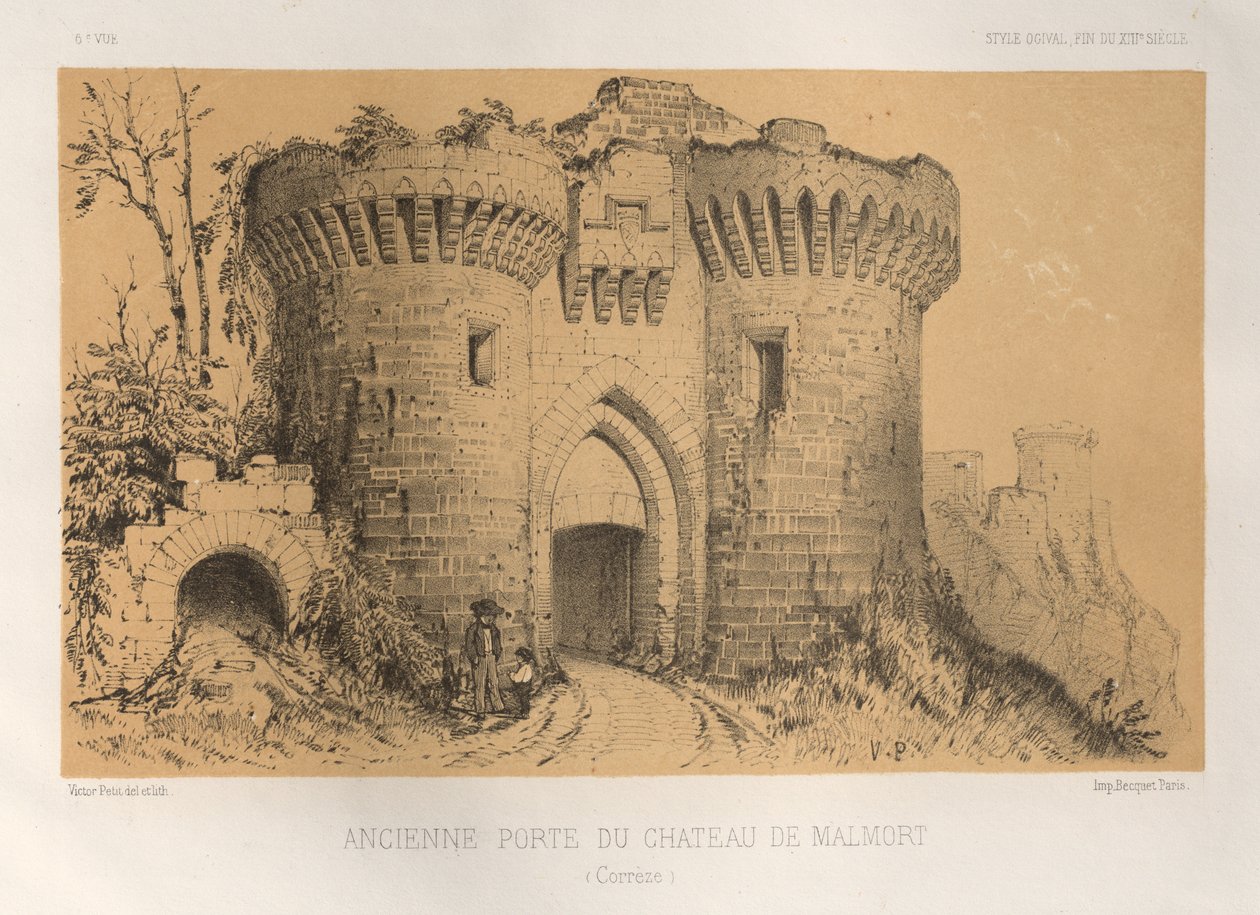 Pittoresk arkitektur eller monumenter fra det 15. århundre. Og XVI. Centuries: Chateaux Of France Of The XV and XVI Centuries: Pl.6, Old Gate Of Chateau De Malmort (Correze) av Victor Petit