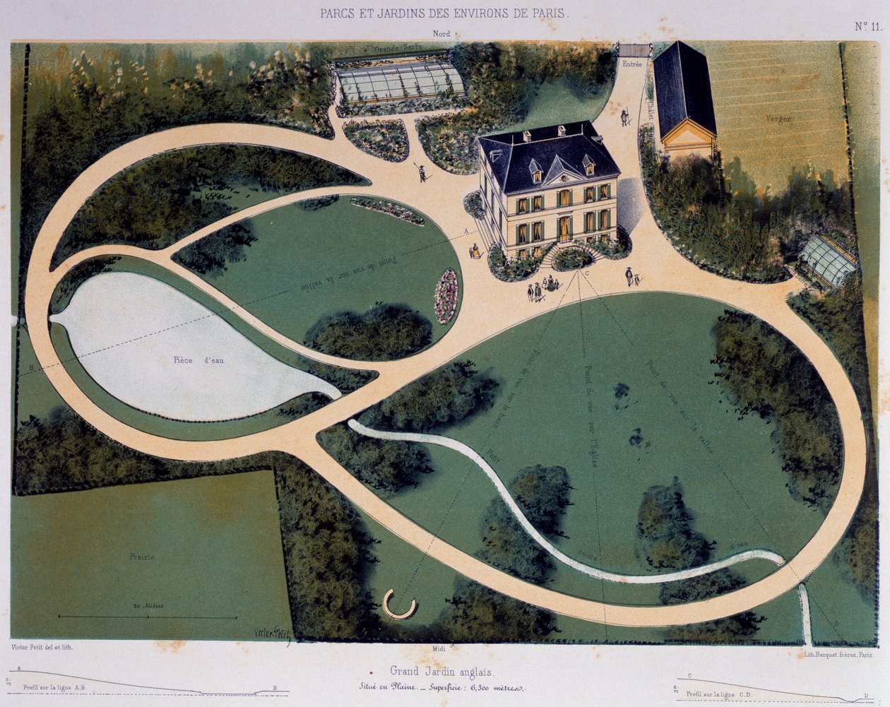 Stor engelsk hage på 6300 kvadratmeter, Illustrasjon hentet fra Parcs et Jardins des environs de Paris (Parker og hager rundt Paris), ca 1850, Litografi av Victor Petit (1818-1871), Frankrike av Victor Petit