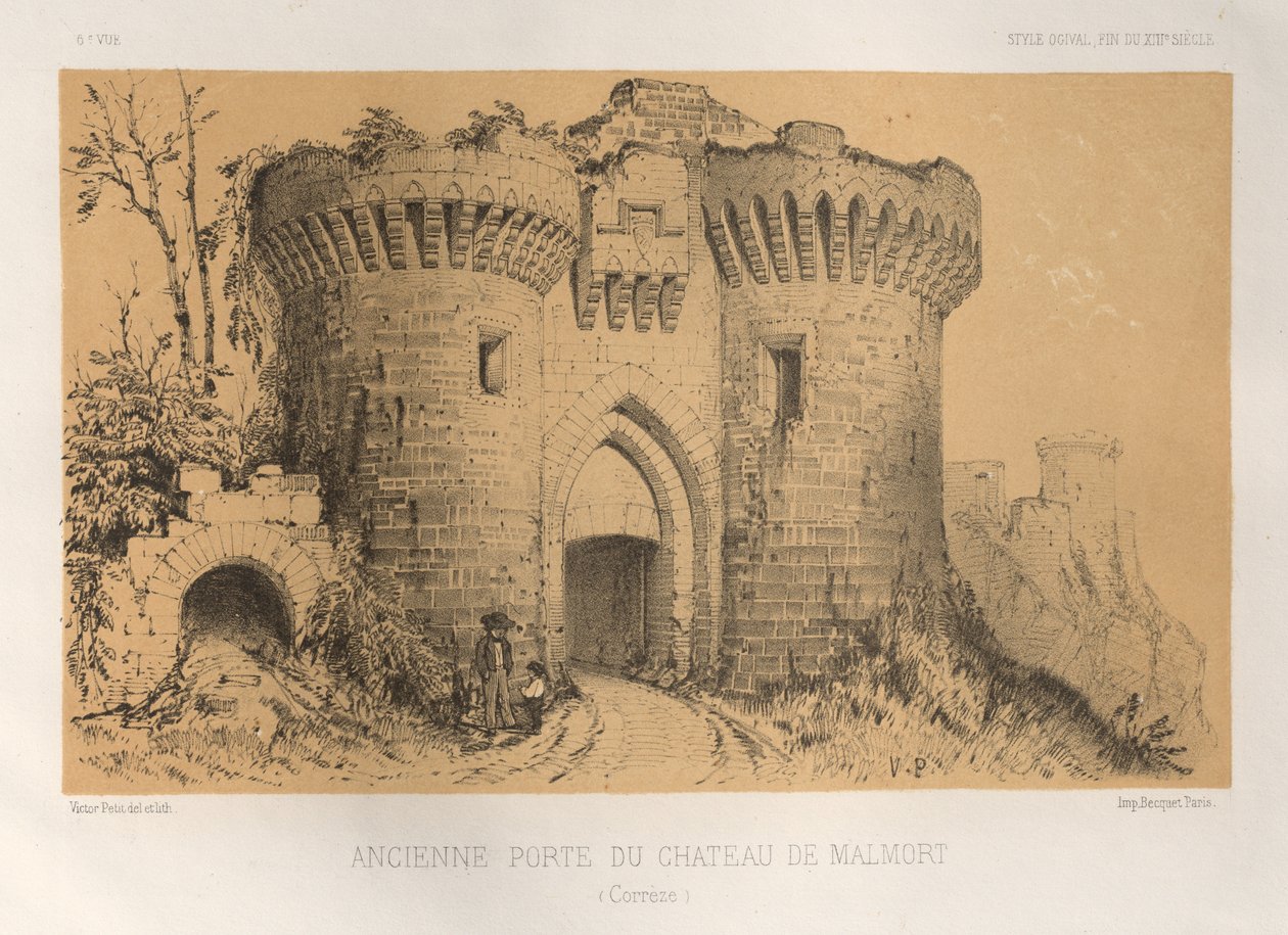 ...Pl.6, gammel dør til Chateau De Malmort Correze, 1860. av Victor Petit