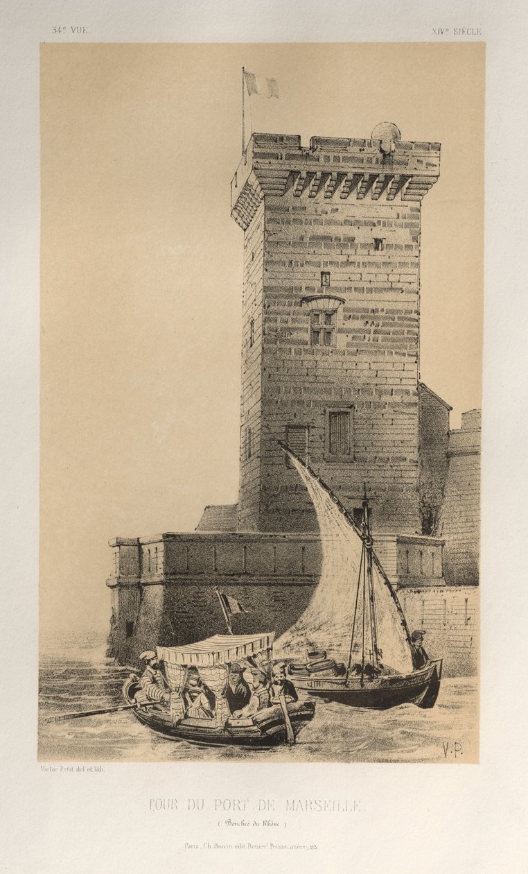 ...pl. 34, Tårnet i havnen i Marseille Bouches Du Rhône, 1860. av Victor Petit