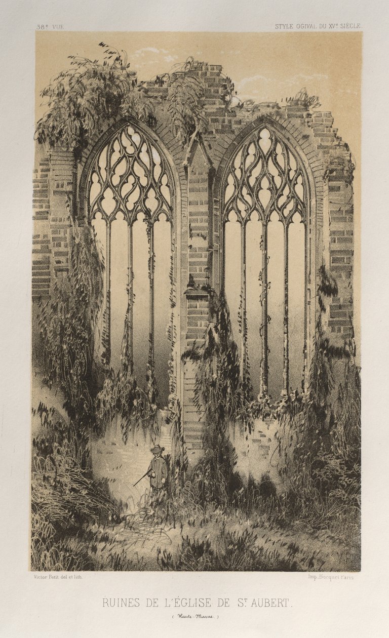 ...pl. 38, ruinene av kirken St. Aubert Haute-Marne, 1860. av Victor Petit