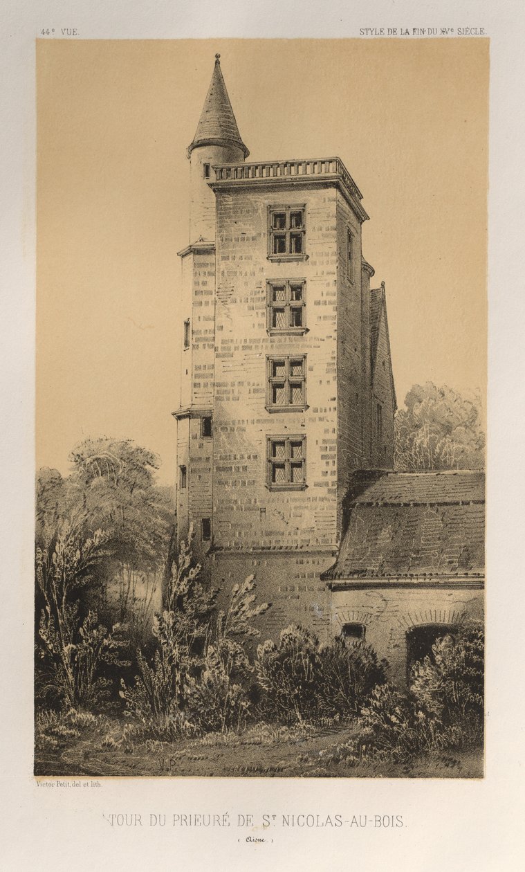 ...pl. 44, Tower of the Priory of St. Nicolas-Au-Bois Aisne, 1860. av Victor Petit