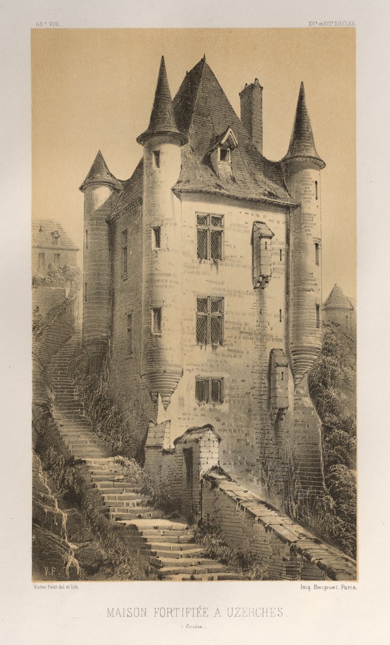 ...pl. 60, befestet hus i Uzerches Corrère, 1860. av Victor Petit